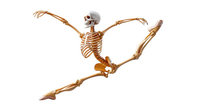 Anatomy of Grace: A skeleton executes a graceful ballet leap, blending anatomy with artistic expression. The image showcases the underlying framework of movement.