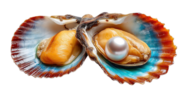 Pearl Revelation: A luminous pearl rests delicately within the embrace of an open oyster shell, offering a captivating glimpse of marine treasure and the beauty of natural creation.