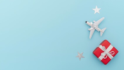 Obraz premium Gift Box and Airplane with Stars on Blue Background