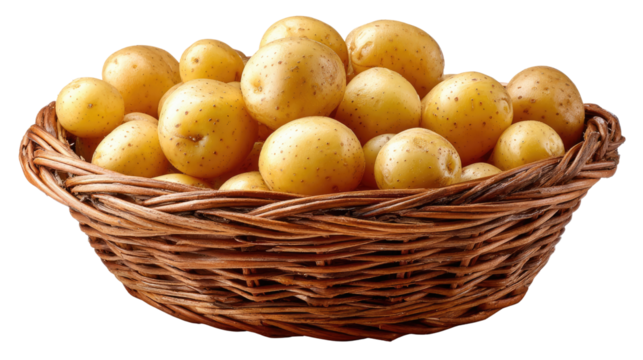 Golden Potatoes in Woven Basket: An abundant harvest of golden potatoes fills a rustic woven basket, representing the fresh and natural essence of wholesome ingredients. 