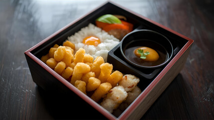 Japanese Bento Box with Fried Tempura, Rice, and Dipping Sauce