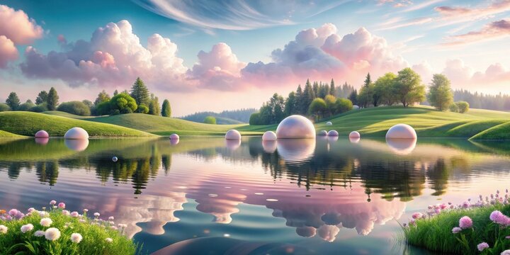 Serene landscape with pastel clouds reflected in a calm lake, featuring gently rolling hills and smooth spheres peacefully floating on the water's surface.