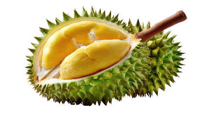 Fototapeta premium King of Fruits: A captivating visual of a halved durian fruit, its creamy, golden segments exposed. The spiky.