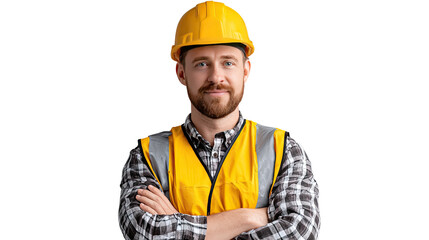 Confident Construction Worker: A focused construction worker stands proudly, embodying reliability and competence in his workwear, symbolising the essence of construction and safety.
