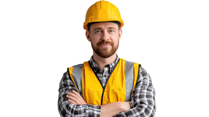 Confident Construction Worker: A focused construction worker stands proudly, embodying reliability and competence in his workwear, symbolising the essence of construction and safety.