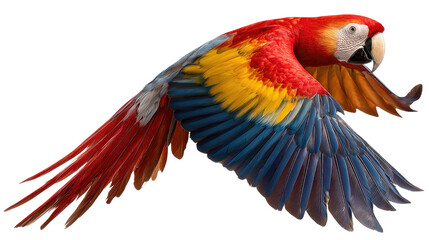 Soaring Scarlet Macaw: A vibrant macaw with a dazzling display of red, yellow, and blue plumage takes flight, wings gracefully outstretched, showcasing the beauty of avian freedom.