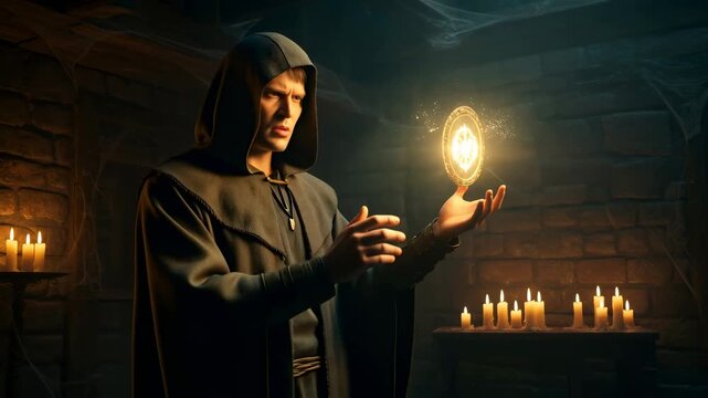 Man wizard in dark cloak casting a spell with glowing orb and candles in a dungeon, dark fantasy wizard magic footage