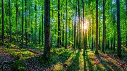 Obraz premium Sunlit Forest Clearing with Sunbeams and Tall Trees