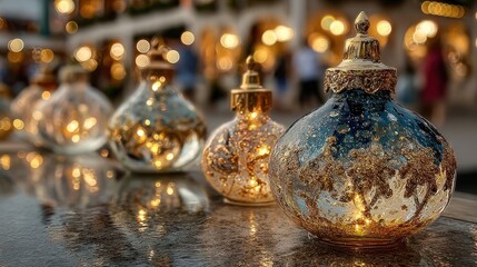 Decorative Christmas Ornaments with Golden and Blue Accents in a Festive Display