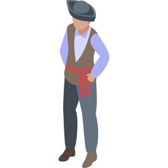 Isometric 3D Male Pirate Character Wearing A Blue Shirt A Brown Vest Red Sash And Gray Pants On Transparent Background