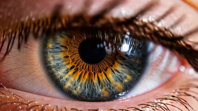 Close Up Of A Human Eye With Brown Green Iris And Eyelashes