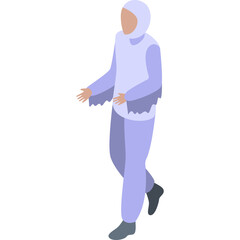 Isometric 3D cartoon character wearing light purple hijab and suit walking with hands outstretched on a white isolated background