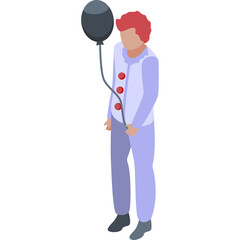 Isometric 3D Clown Holding a Black Balloon with Red Nose Detail Wearing Light Blue Outfit and Pink Hair on Transparent Background