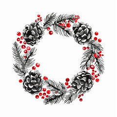 Watercolor Christmas Wreath with Pine Cones and Red Berries Isolated on White