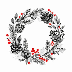 Watercolor Christmas Wreath with Pine Cones and Red Berries Isolated on White