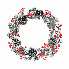 Watercolor Christmas Wreath with Pine Cones and Red Berries Isolated on White