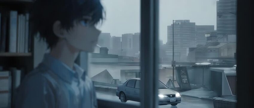 A close-up animation of a thoughtful anime boy with a pensive expression, looking out a rainy window. The cool color palette and cinematic lighting create a calm, introspective mood