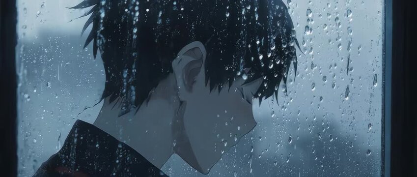A close-up animation of a thoughtful anime boy with a pensive expression, looking out a rainy window. The cool color palette and cinematic lighting create a calm, introspective mood