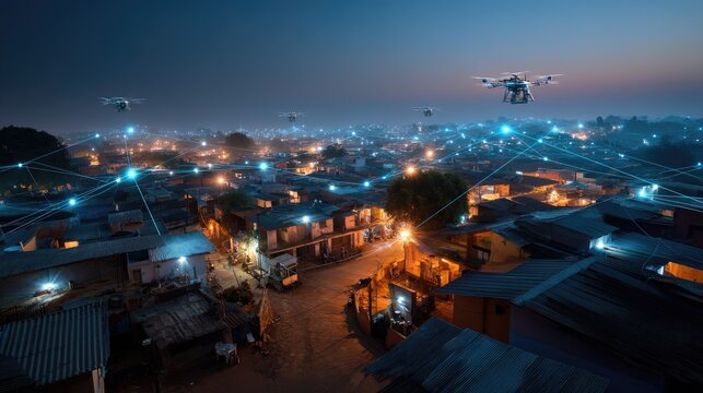 Aerial View of a City at Night with Drones Connecting Communities and Illuminated Streets in a Developing Area