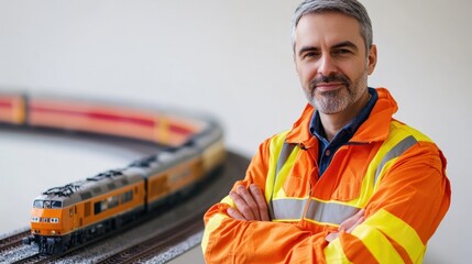 Experienced rail transportation engineer in safety gear overseeing a train model in a studio environment