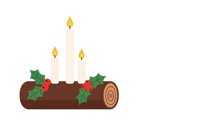 Burning candles sit atop a yule log decorated with holly and berries, radiating warmth and festive cheer during the christmas season.