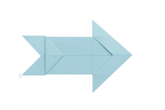 Origami blue paper arrow pointing right, depicting direction, progress, navigation, and choice on transparent background
