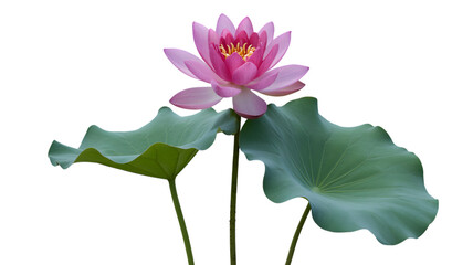 Vibrant pink water lily flower with large green leaves against a dark background