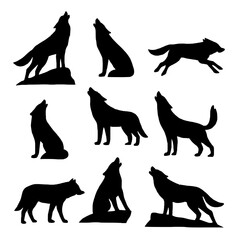 Howling Wolf Silhouettes: A collection of elegant and detailed wolf silhouettes in various poses, perfect for artistic or design purposes, each capturing the mysterious and untamed spirit of the wild.