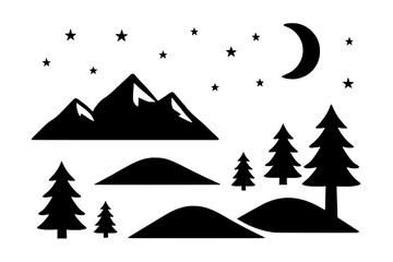 Mountain Nightscape Silhouette: A minimalist graphic composition that shows the serenity of a nighttime mountain landscape, featuring snow-capped peaks, pine trees.