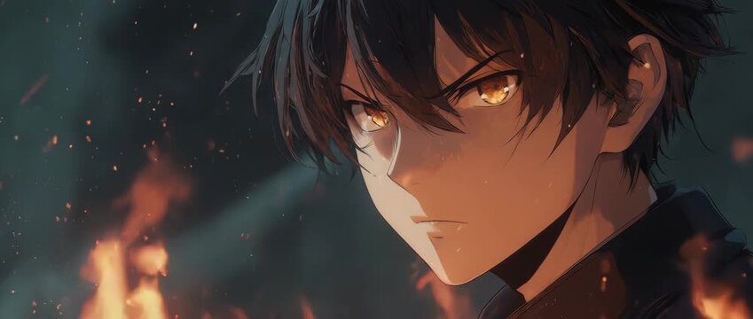 A close-up animation of an anime boy with a determined and focused expression. Sharp, detailed eyes and dramatic lighting convey a sense of conviction and power. Floating embers add to the epic mood