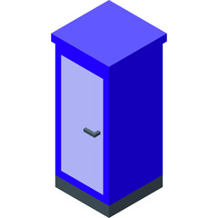 Isometric blue portable toilet with light blue door and gray handle on a transparent background with a simple minimalist design