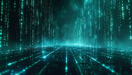 A stream of binary code (0s and 1s) falling like rain. This image creates a mood of data, technology, and digital connections, perfect for concepts related to cyberspace, cybersecurity, or cybersecur