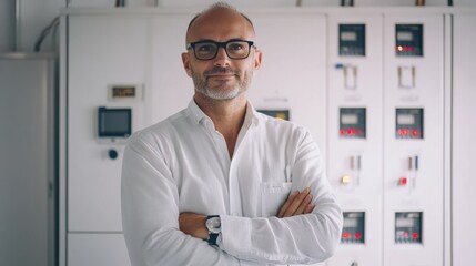 Experienced electrical engineer standing confidently in control room technology hub professional portrait modern environment direct view