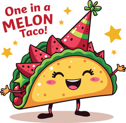 Adorable kawaii taco character with a happy face, filled with watermelon and wearing a festive party hat. A humorous food pun illustration perfect for celebrations