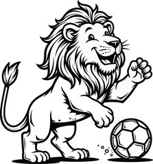 Naklejka premium Playful cartoon lion character with a soccer ball, a friendly sports mascot illustration in black and white line art