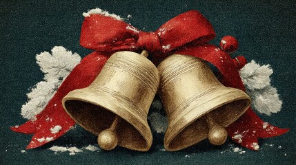 Vintage Christmas Bells with Red Ribbon and Snow Decoration, Festive Holiday