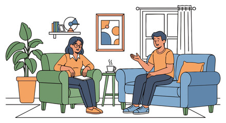Couple in therapy session discussing issues in a comfortable living room setting