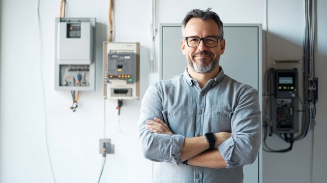 Experienced electrical engineer standing confidently in industrial workspace with advanced equipment and technology