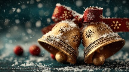 Festive Christmas bells with red ribbon and snow for holiday greetings and celebrations