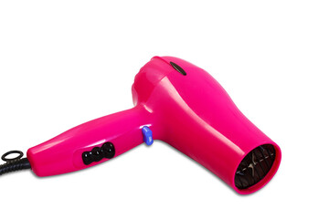 pink hair dryer for hair care isolated, cutout in transparent background, png format