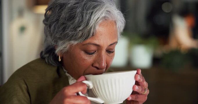 Coffee, smile and thinking with business woman in office for productivity, reflection and relax. Planning, caffeine fix and drinking with mature person and cup for perspective, calm and memory