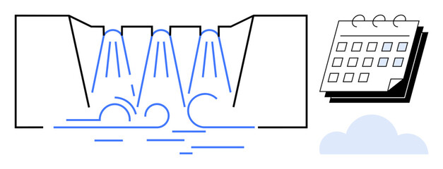 Flowing water from dam turbines with calendar symbolizing resource management. Ideal for energy, nature, schedule, sustainability, environment, hydropower, renewable energy. Simple flat metaphor
