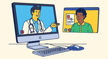 Doctor consults patient remotely via video call on computer