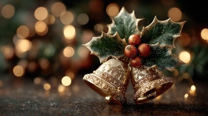 Beautiful close-up of Christmas bells with bokeh lights and holly decorations