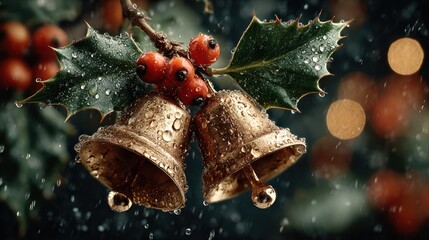 Festive Christmas Bells Adorned with Holly and Berries in Winter Raindrops