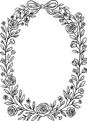 Floral line art oval wreath with bow. Botanical frame.