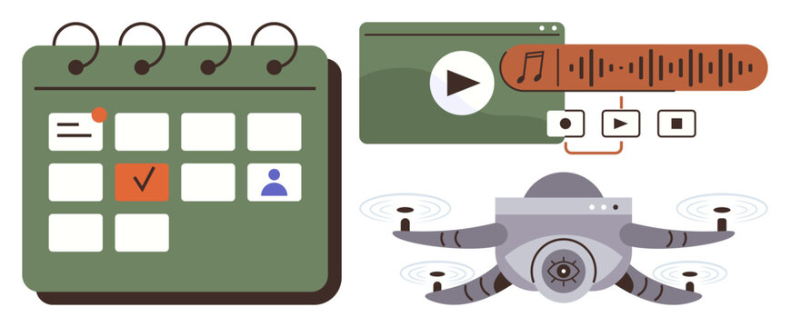 Calendar with marked events, media player interface with audio controls, and quadcopter quadcopter. Ideal for technology, productivity, media management, scheduling, streaming, innovation online