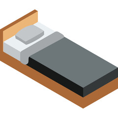 Simple Isometric Bed With Gray Blanket and White Pillow on a Wooden Frame Against a Transparent Background
