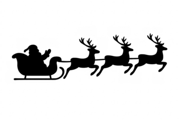Santa claus riding sleigh with flying reindeer silhouette