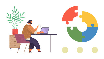 Person working at desk with laptop, reviewing documents next to plant and file cabinet. Circular puzzle chart symbolizes collaboration, analysis, and innovation. Ideal for teamwork, workflow, goals